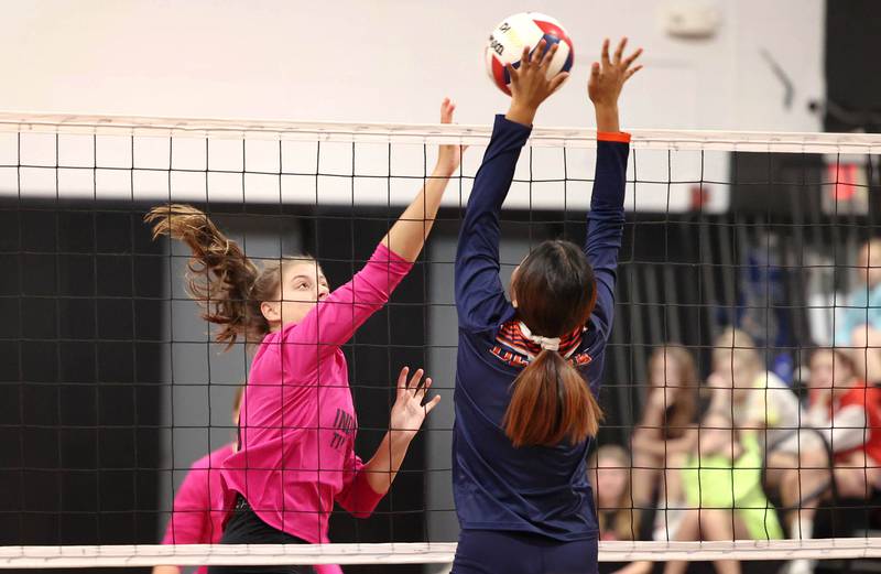 Indian Creek's Alexandrea Edwards tips the ball over the blocker during their match against DePue Thursday night at Indian Creek High School in Shabbona.