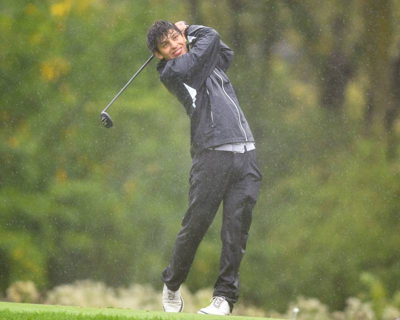 Downers Grove South’s golfer Devin Cabello watches his tee shot during the West Suburban golf match on Tuesday Sept. 24, 2024, held at Prairie Bluff Golf Course in Crest Hill.