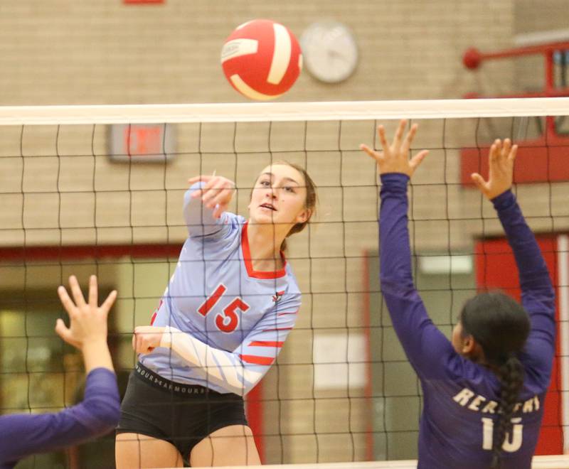 Ottawa's Addison Duggan sends a kill past Plano's Aleksa Martinez on Thursday, Aug. 31, 2023 in Kingman Gym at Ottawa High School.