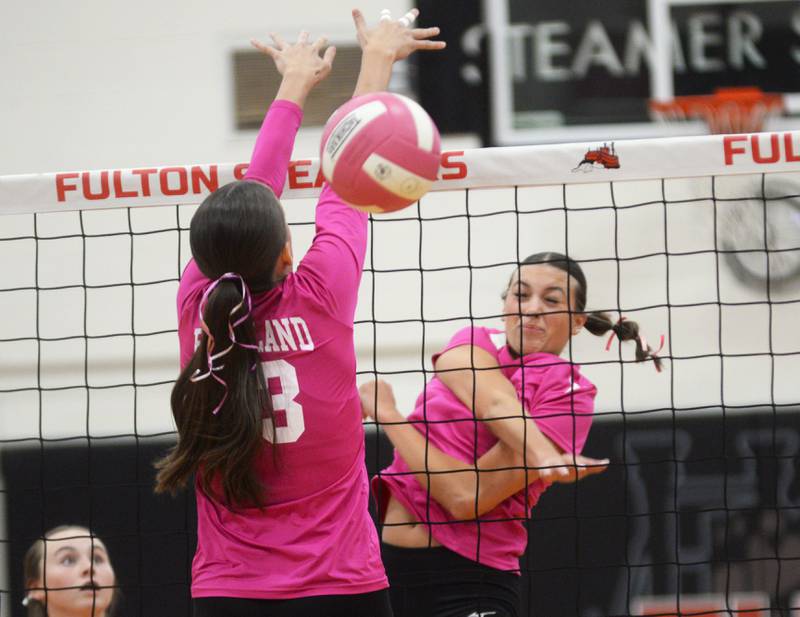 Fulton's Chloe Wilkin hammers a spike past an Eastland player on Tuesday, Oct. 7, 2025 in Fulton.