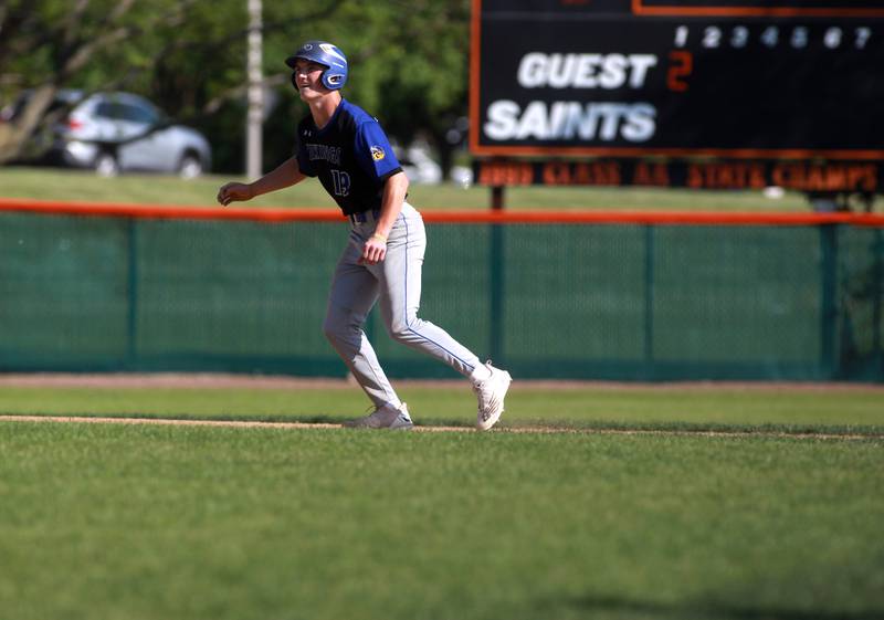 Geneva's Noah Hallahan leads off from second base during a game against St. Charles East on Tuesday, May 13, 2024 in St. Charles.