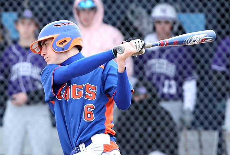 Genoa-Kingston's Justyn Ferrara takes a cut during their game against Rockford Lutheran Tuesday, May 2, 2023, at Genoa-Kingston High School.