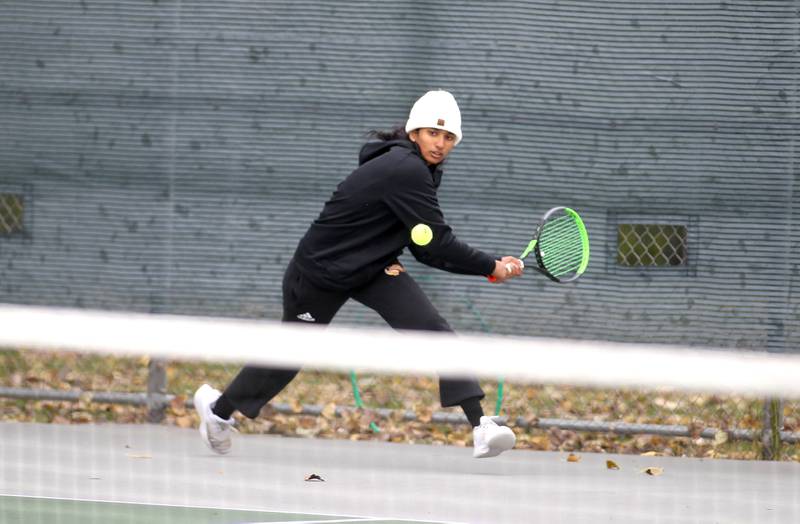 Batavia’s Dhruthi Daggubati goes after the ball during the first day of the IHSA state tennis tournament at Fremd High School on Thursday, Oct. 20, 2022.