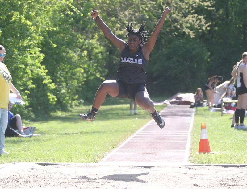 Kaneland's Amani Meeks competes in the long jump during the Interstate 8 Conference girls track championship on Friday, May 9, 2025 at Morris High School.