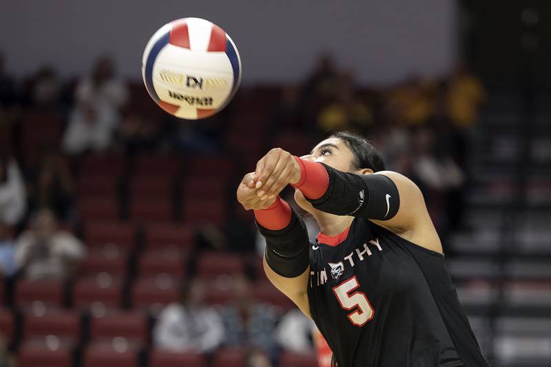 Timothy Christian's Miriam Pozdol-Niego makes a pass against El Paso-Gridley Saturday, Nov. 16, 2024, in the Class 2A third place state volleyball match at CEFCU Arena in Normal.