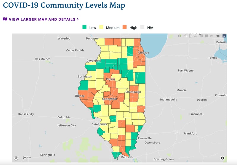The latest community COVID-19 levels map from the CDC and IDPH on July 1, 2022