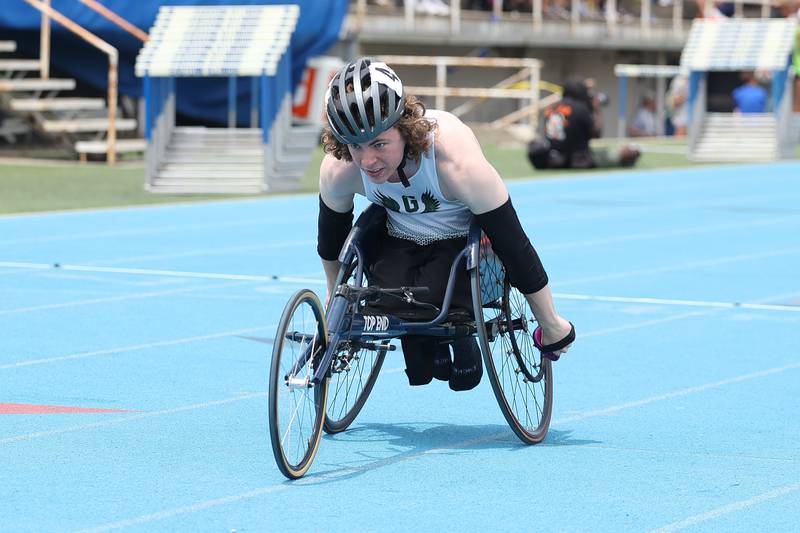 Grayslake Central’s Brannon Duffin takes first in the 100 Meter Wheelchair Division State Finals on Saturday, May 27, 2023 in Charleston.