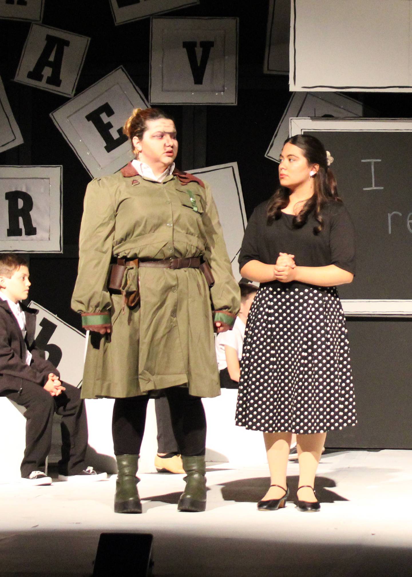 Miss Trunchbull played by Joeylynn Arkels and Miss Honey played by Abigail Granados rehearse a scene in Engle Lane's "Matilda Jr. - the Musical."