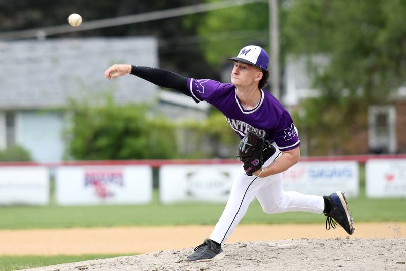 Manteno's Nolan Canfield throws a pitch during a game at Bradley-Bourbonnais Saturday, May 17, 2025.