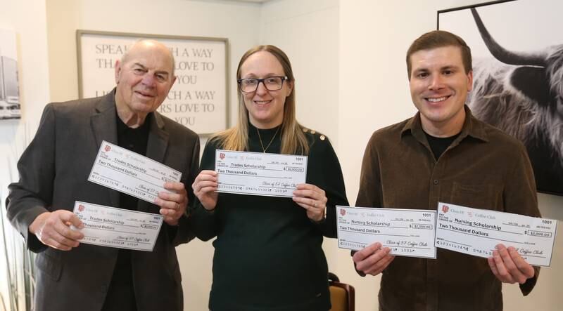 Members of the La Salle-Peru Township High School class of 1957 have established a trust with a beginning amount of $20,000. Gathered for a check distribution were (from left) Robert "Bo" Windy, Kelli Geinosky and Brett Witek at Witek Wealth Management on Tuesday, April 9, 2024, in La Salle. 
This trust aims to provide scholarship awards to senior students at L-P High School of $2,000 or more each year for 10 years. This year, with a special thanks to classmate Tom Kowalski, four of the $2,000 awards will be presented. The awards will be presented at the L-P Scholarship Awards ceremony on April 25. Each year for the next nine years, the trustees will provide the criteria from which to choose the award recipients. At the end of the 10th year, any money remaining will be donated to the L-P High School general scholarship fund.
