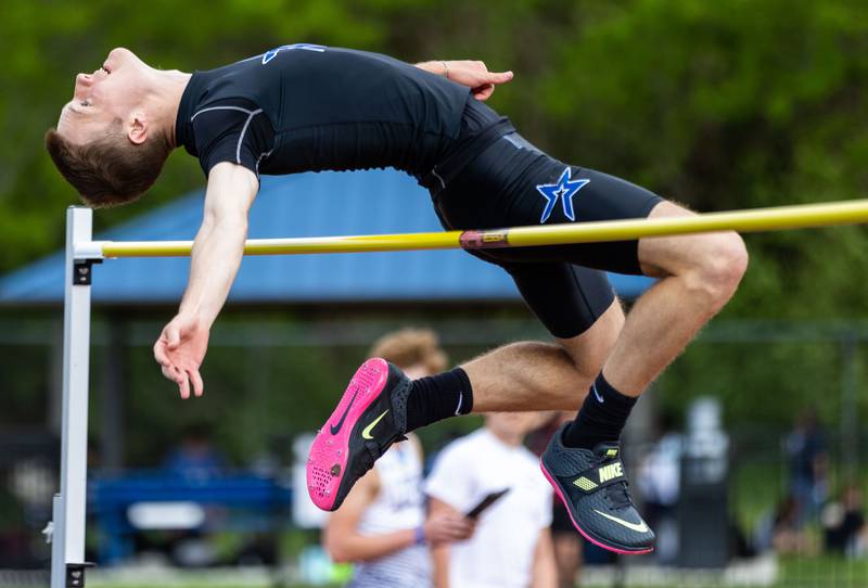 St. Charles North’s Jack Shannon participates in the varsity high jump event during the Dukane Conference Boys Track and Field Meet hosted by Lake Park High School in Roselle on Friday, May 16, 2025.