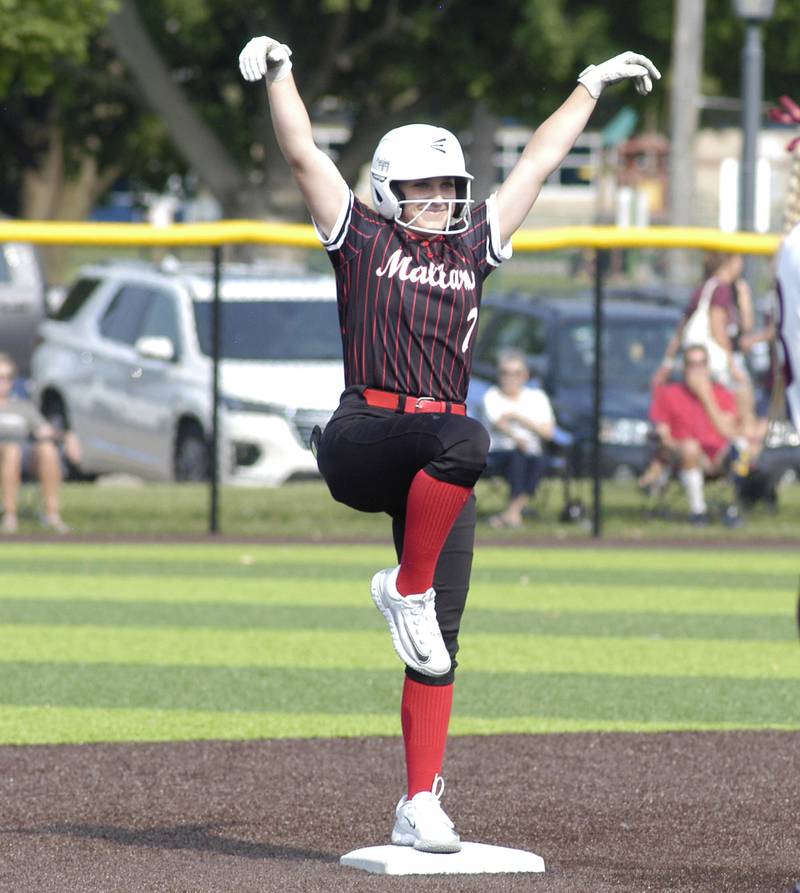 Mallard pitcher Lauren Harbison has some fun after hitting a double. Dakota and Henry-Senachwine softball met in  Illinois  Class 1A Super Sectional in Sterling on June 2, 2025. Dakota won the contest 2-0.