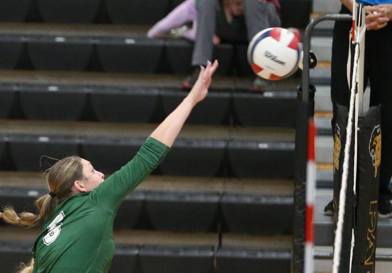 St. Bede's Jillian Pinter smacks a kill against Orion during the Class 1A Regional semifinals on Wednesday, Oct. 29, 2025 at Putnam County High School.