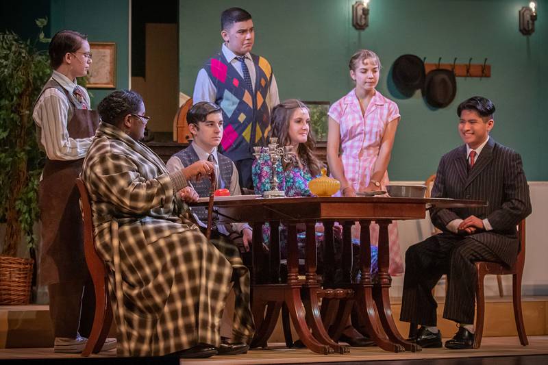 Sterling High School rehearses "You Can't Take it With You," Wednesday, Oct. 26, 2022 at Centennial Auditorium. Featuring Ashton Stange (left), as Mr. De Pinna, Francisco Pease as Grandpa Martin Vanderrhof, Owen Gaffey as Paul Sycamore, Gavin Fischer as Ed Carmichael, Emma Stroup as Penelope Sycamore, Avery Moran as Essie Carmichael and Israel Grande as Anthony Kirby. Performances will be this Friday and Saturday at 7:30 p.m. and Sunday at 2 p.m.