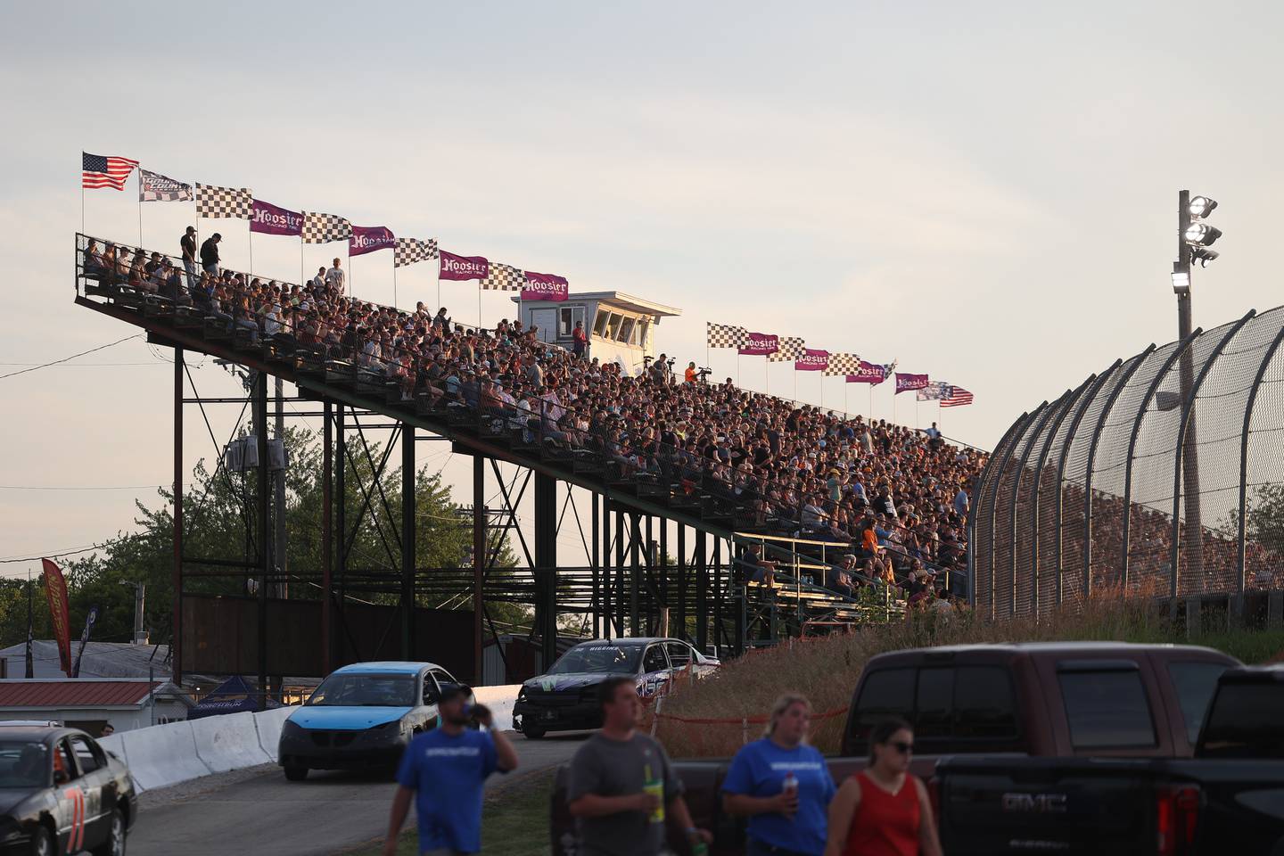 A record breaking crowd packs the stand for a special night of racing that featured police officers racing in the Five-O Race that raised over $180,000 for Special Olympics along with a school bus race at Grundy County Speedway on June 15, 2024 in Morris.