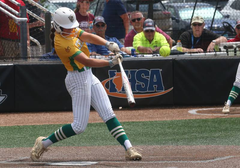 Providence Catholic's Macie Robbins smacks a hit against Chatham during the Class 3A State finals game on Saturday, June 14, 2025 at the Louisville Slugger Sports Complex in Peoria.
