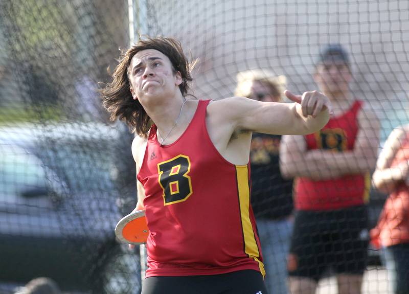 Batavia’s Spencer Prats competes in the discus throw during the Kane County Boys Track and Field Invitational at Geneva High School on Monday, May 9, 2022.