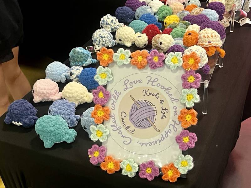 Crocheted creations from student-owned business Knots & Lots Crochet are lined up on a table at the Whiteside Area Career Center's CEO program student trade show on April 23, 2025.