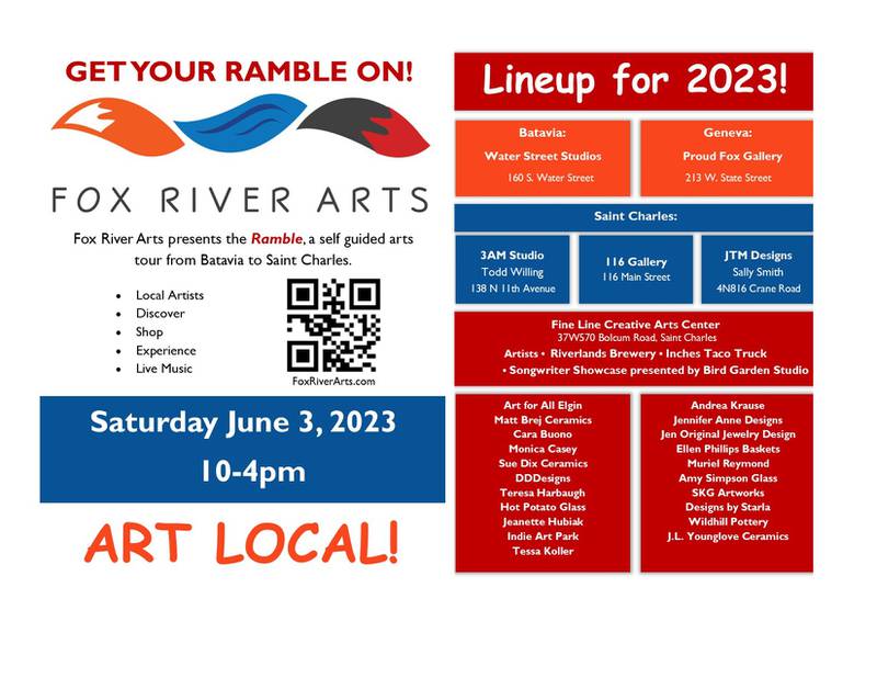 The Fox River Arts Ramble is set for June 3 at multiple venues in Geneva, St. Charles and Batavia.