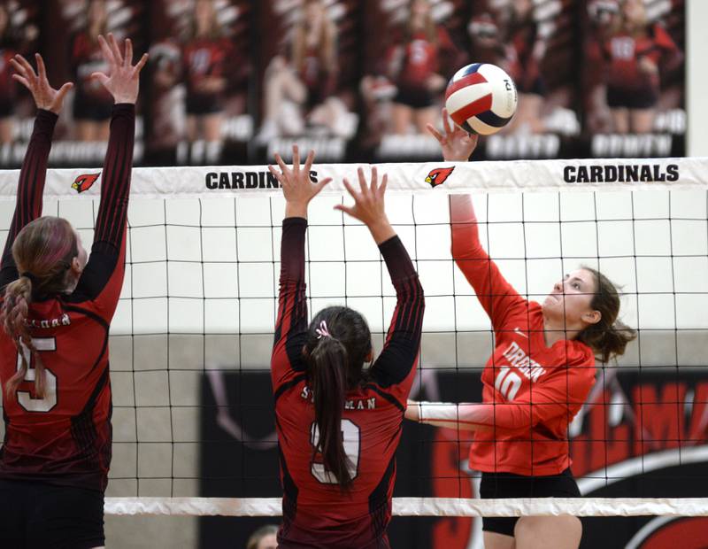 Oregon's Lola Schwarz (10) directs the ball past Stillman Valley's Aleigha Hodge (5) and Joslyn Nanni (9) during a Big Northern Conference match on Thursday, Oct. 17, 2024.