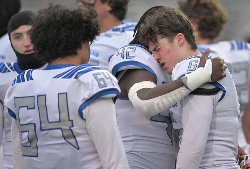 St. Francis’ Jeremy Cox reacts after the loss to Nazareth in the IHSA Class 5A state semifinal football game in La Grange on Saturday, Nov. 23, 2024.