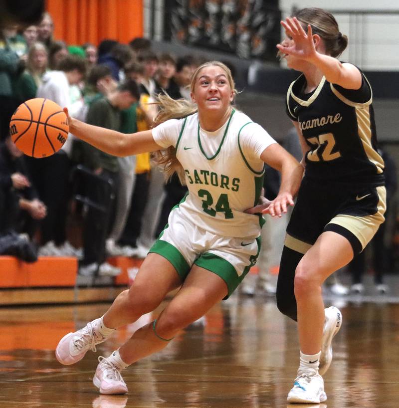 Crystal Lake South’s Gracey LePage moves the ball against Sycamore in girls IHSA Class 3A Sectional basketball on Tuesday, Feb. 24, 2026, at Crystal Lake Central High School in Crystal Lake.