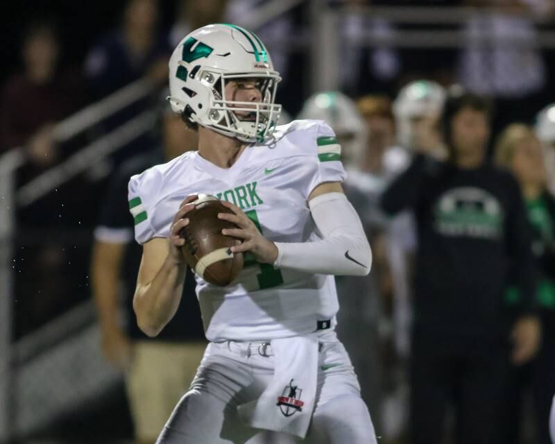 York's Sean Winton drops back during football game between York at Downers Grove North.  Sept 29, 2023.