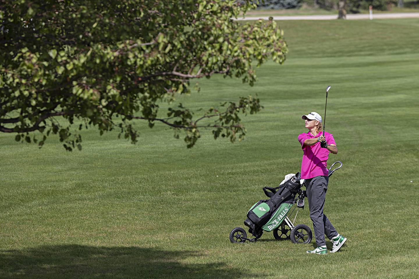 Rock Falls’ Carter Dillon takes a shot at the green on #1 Wednesday, Sept. 27, 2023 during the class 2A golf regionals at Deer Valley Country Club.