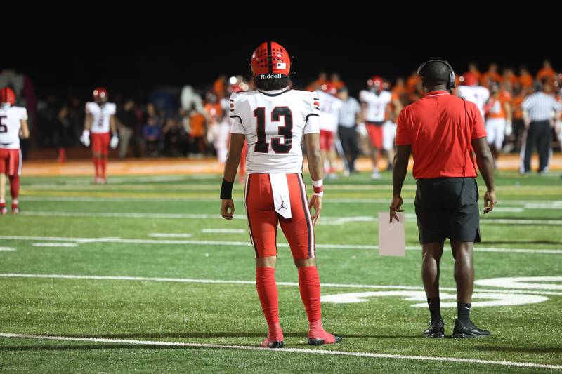 Bolingbrook’s Jonas Williams stands on the field after a touchdown pass against Lincoln-Way West on Friday, Sept. 22 in New Lenox.