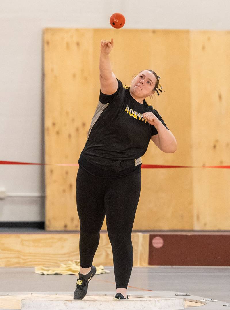 Glenbard North’s Francesca McGinn participates in the shot put event during the Girls Track and Field DuKane Conference Meet at Batavia High School on Saturday, March 22, 2025.