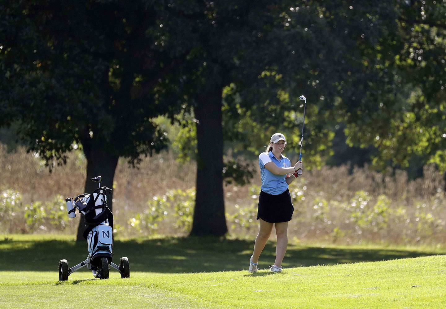 Brian Hill/bhill@dailyherald.com
Megan Kornafel of Nazareth Academy during East Suburban Catholic girls golf Tuesday September 20, 2022 at Highland Woods Golf Course in Hoffman Estates.