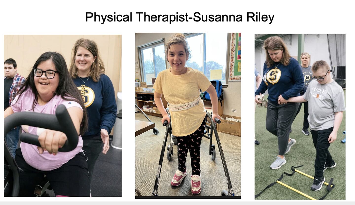 A slide that was shown at the Sterling Public Schools board of education meeting on March 22, 2023, showing physical therapist Susanna Riley at work with students. The director of students services for the district provided an update to board members.