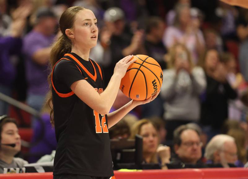 Byron's Gracyn Smith looks to inbound the ball against Breese Central during the Class 2A title game on Saturday, March 7, 2026 at CEFCU Arena in Normal.