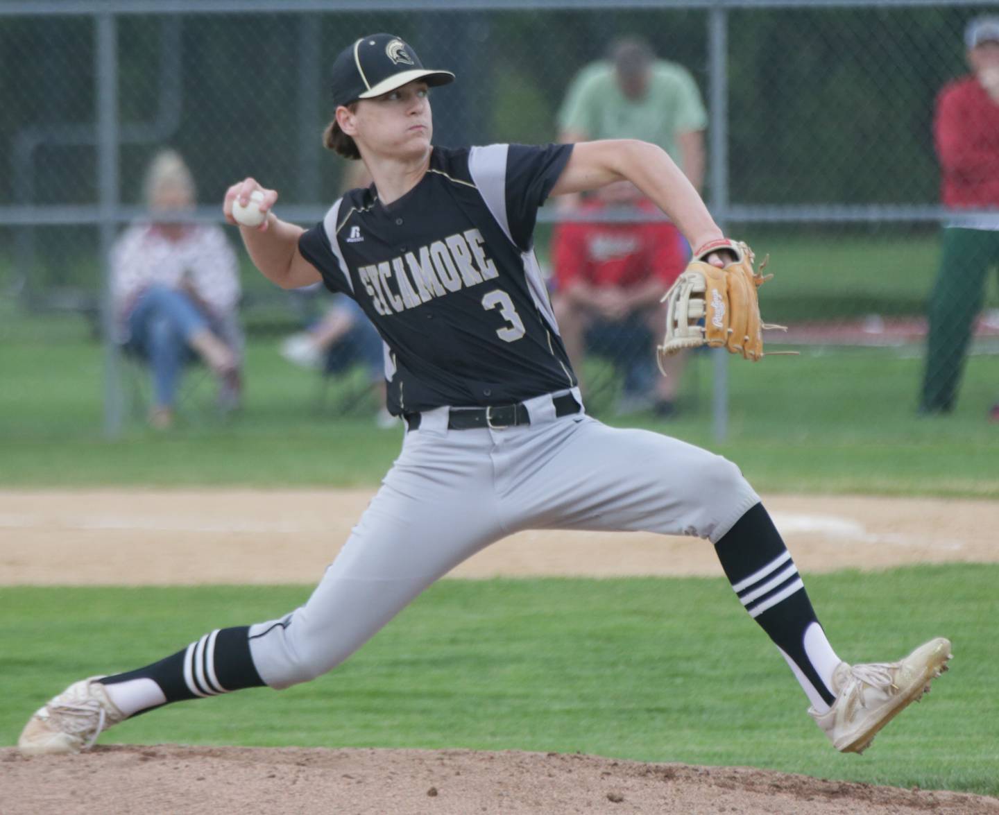 Sycamore starting pitcher Ethan Storm delivers a pitch to a La Salle-Peru batter during Monday's Interstate Eight Conference game at Dickinson Field in Oglesby.