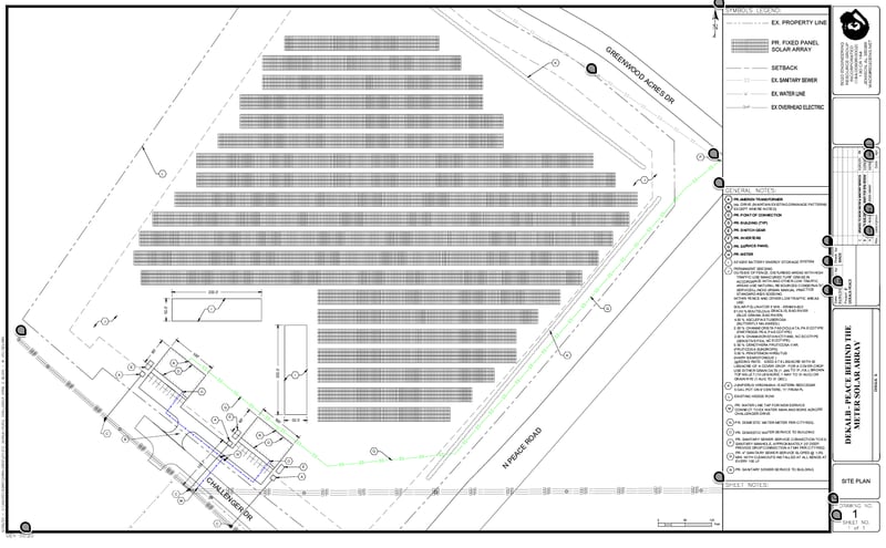 A developer wants city permission to install a solar field and data center on about 30 acres of land west of Peace Road, documents show.
Champaign-based developer Donato Solar has petitioned the City of DeKalb to install a solar field and data center at 1199 N. Peace Road, between Greenwood Acres and Challenger drives. Concept art published by the City of DeKalb in January 2025 shows the proposed build.