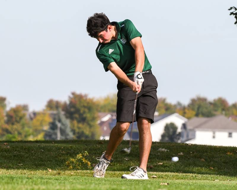 Damian Maxwell of Plainfield Central tees off on Wednesday Oct. 1, 2025, during the Plainfield Central regional held at Wedgewood Golf Course in Plainfield.