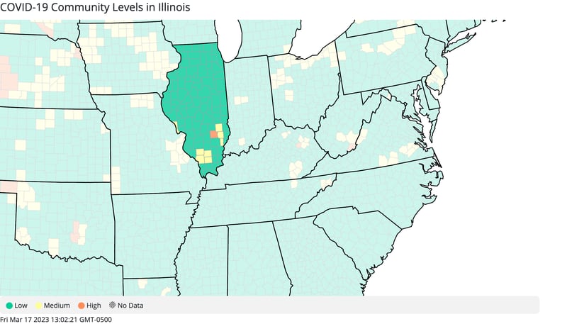 The latest COVID-19 community levels for Illinois as of Friday, March 17, 2023, according to the CDC