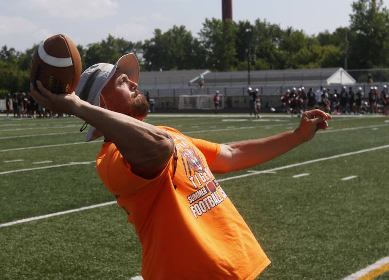 Crystal Lake Central coach Matt MacCrindle a 7 on 7 football practice Monday, July 14, 2025, at Richmond-Burton High School, with teams from Richmond-Burton, Grayslake Central and Mundelein.