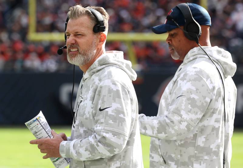 Chicago Bears Head Coach Matt Eberflus watches his team struggle during their game against the New England Patriots Sunday, Nov. 10, 2024, at Soldier Field in Chicago.
