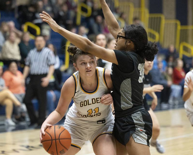 Sterling’s Kathryn Rowzee works below the basket against Galesburg on Wednesday, Feb. 8, 2023.