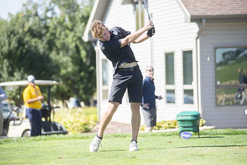 Lakes’ Josh Anderson tees off on no. 4 at Emerald Hill in Sterling for the Class AA IHSA sectional golf meet.