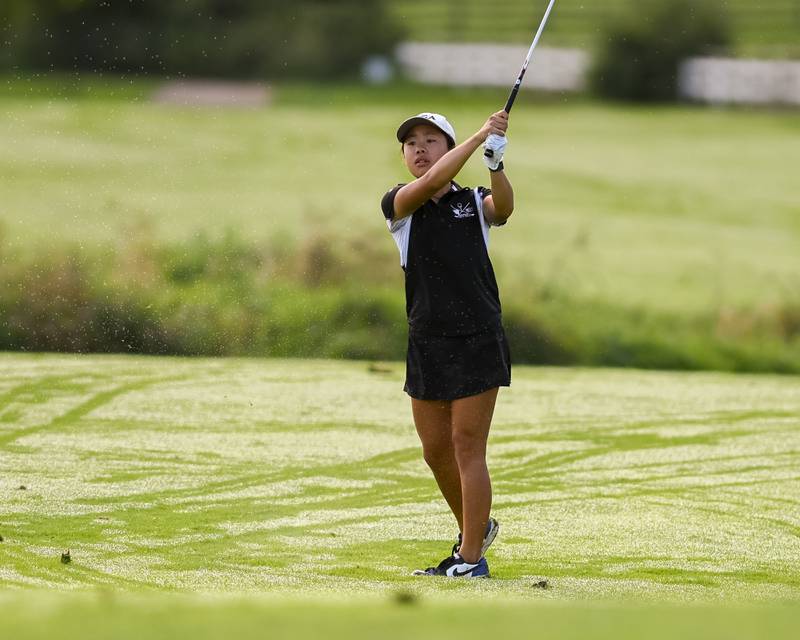 The Oswego co-op's Katelin Hong hits the fairway during Class 3A Plainfield North Regional on Thursday, Sept. 28, 2023, at Whitetail Ridge in Yorkville.