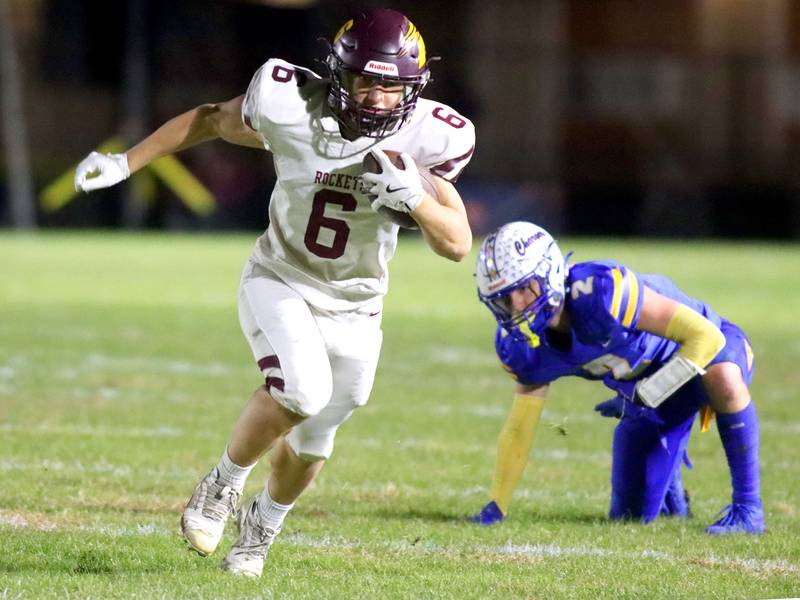 Richmond-Burton’s Hunter Carley makes a long touchdown run in IHSA football Class 3A second-round playoff action at Bob Stewart Field on the campus of Aurora Central Catholic High School in Aurora on Friday, November 7, 2025.