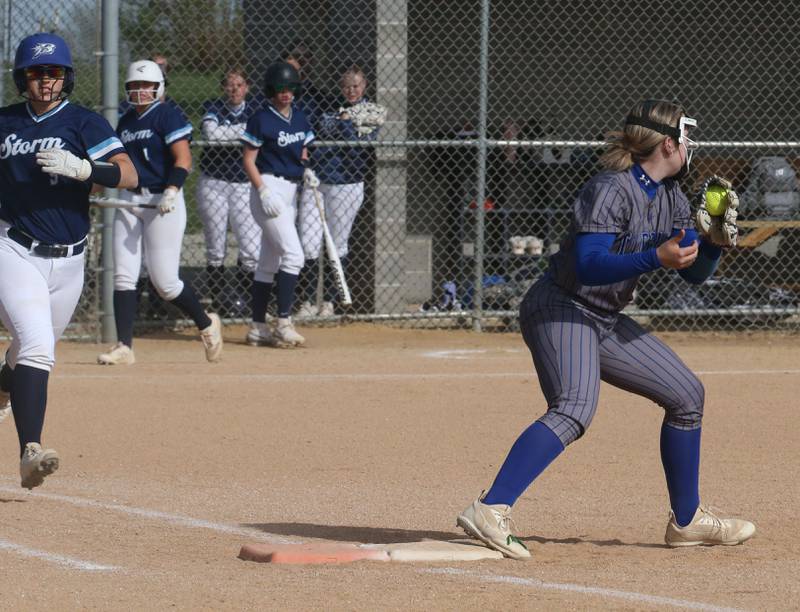 Princeton's Samantha Woolley makes a catch at first base to force out Bureau Valley's Emily Wright on Thursday, April 25, 2024 at Bureau Valley High School.