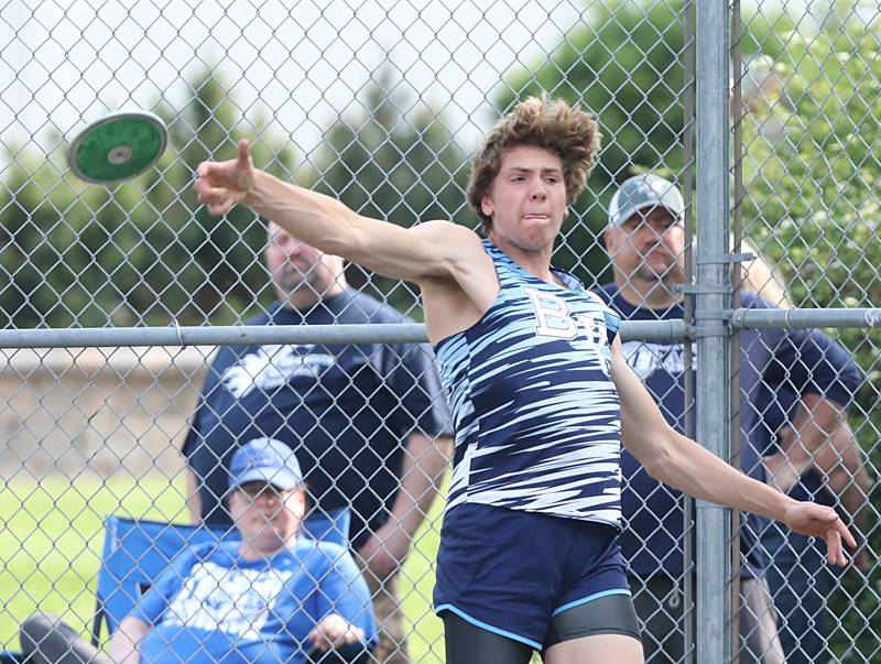 Bureau Valley's Landon Hulsing throws the discus in Friday's Three Rivers Meet.