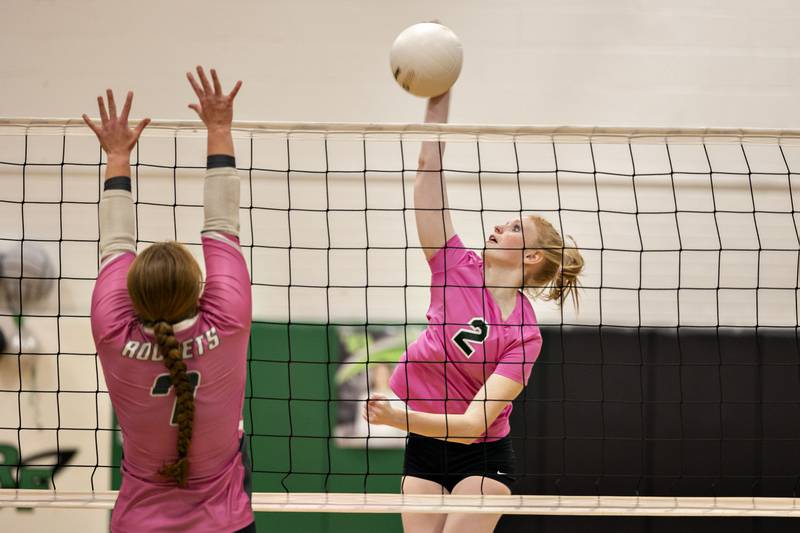 Dixon’s Madyson Tichler hammers a shot Thursday, Oct. 13, 2022 against Rock Falls.