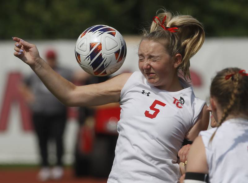 Timothy Christian's Samantha Drye heads the ball in the IHSA Class 1A State Girls Soccer third-place match against Williamsville on Friday, June 6, 2025, at North Central College in Naperville.