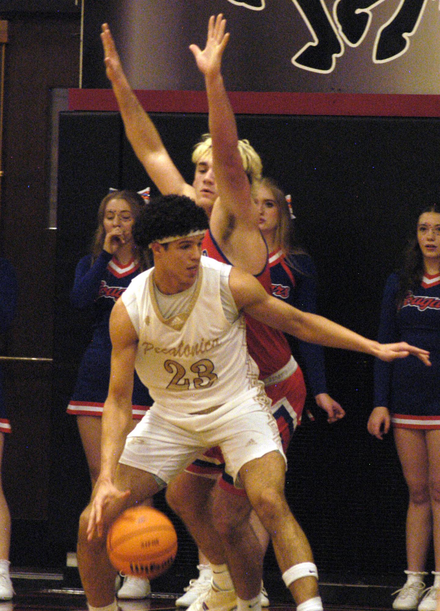 Pecatonica's Zion Braimah goes up against defender Zy Haverland. The Eastland Cougars faced the Pecatonica Indians in Friday’s Class 1A Orion Sectional final at Orion High School on March 6, 2026. Eastland won the game 48-41.