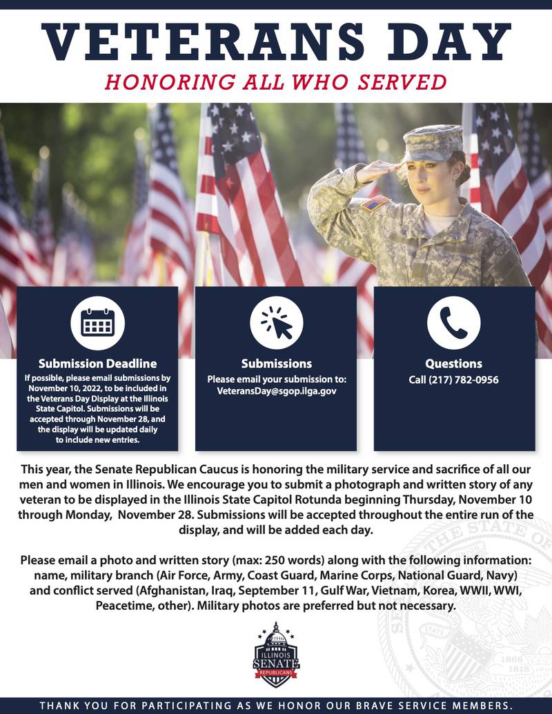 Informational page on how military veterans or their surviving family members can submit biographies and photos for a Veterans Day display at the Illinois State Capitol.