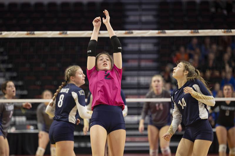 IC Catholic’s Alysa Lawton plays the ball back over the net Friday, Nov. 11, 2022 during a class 2A semifinal volleyball game Friday, Nov. 11, 2022 against Freeburg.